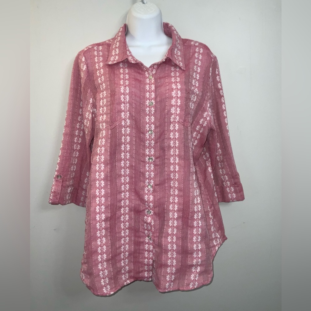 Allison Daley Pink & White Bohemian Floral Print Button Down Shirt Sz M